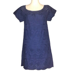 JOIE Sz XS Womens "Bondi" Navy Blue Eyelet Sheath 100% Cotton Off Shoulder Dress